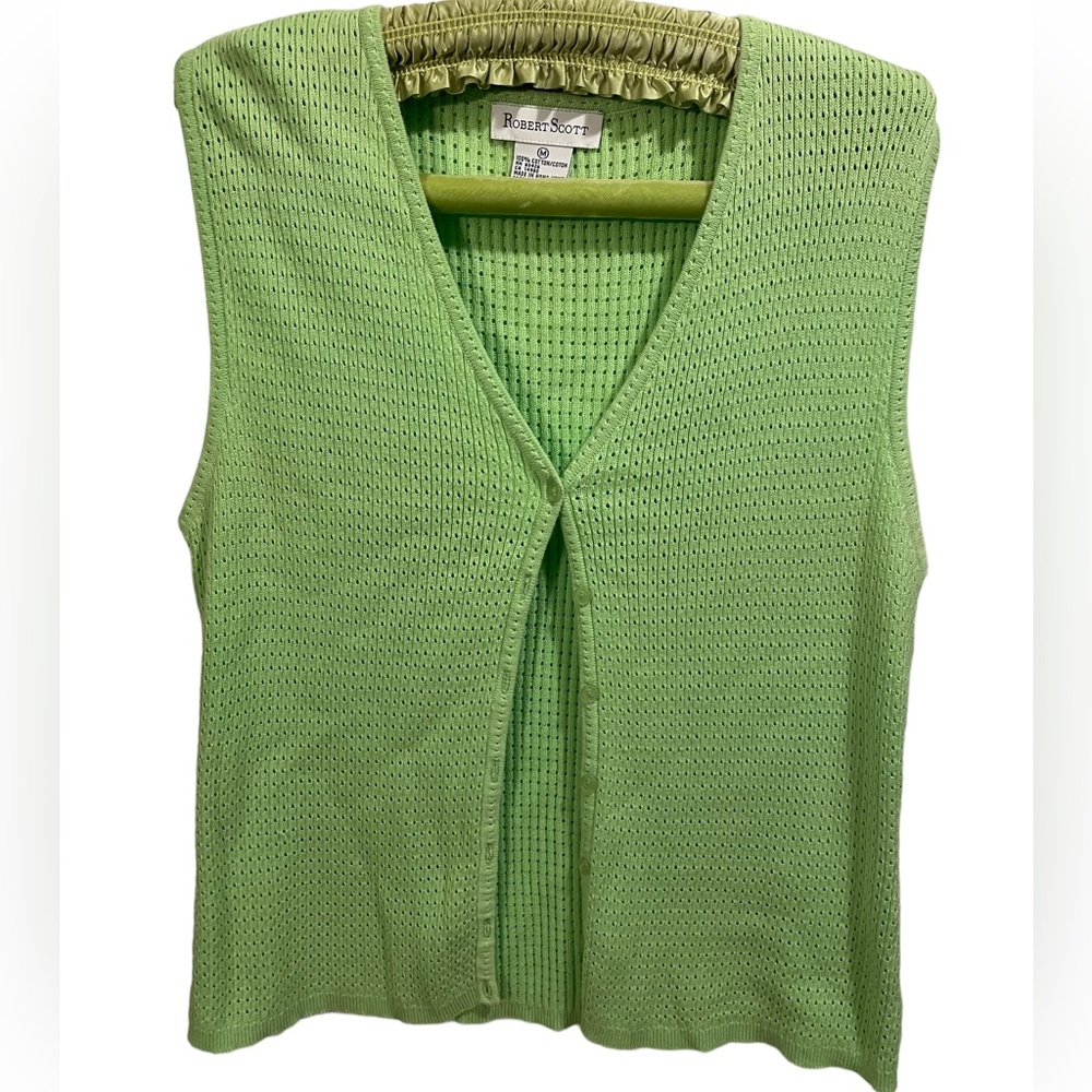 Robert Scott Vintage 90s Vibrant Lime Green Knit Button Up Sleeveless Sweater